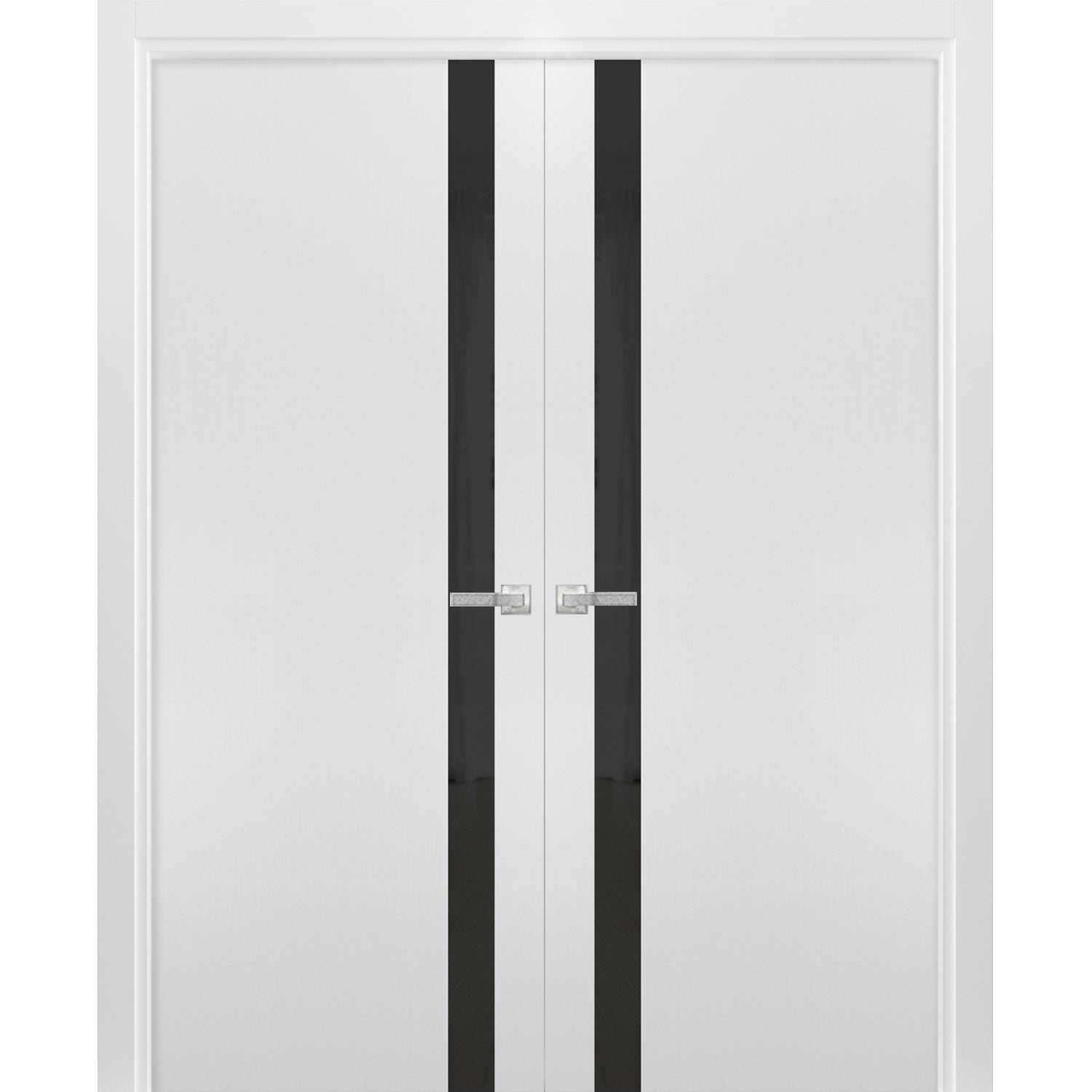 Solid French Double Doors | Planum 0040 White Silk with Black Glass | Wood Solid Panel Frame Trims | Closet Bedroom Sturdy Doors