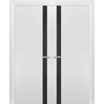 Solid French Double Doors | Planum 0040 White Silk with Black Glass | Wood Solid Panel Frame Trims | Closet Bedroom Sturdy Doors