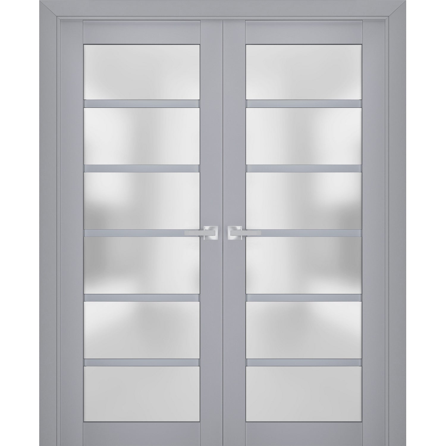 Interior Solid French Double Doors | Veregio 7602 Matte Grey with Frosted Glass | Wood Solid Panel Frame Trims | Closet Bedroom Sturdy Doors