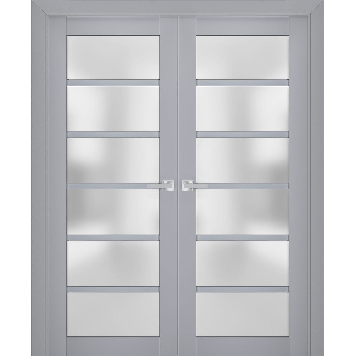 Interior Solid French Double Doors | Veregio 7602 Matte Grey with Frosted Glass | Wood Solid Panel Frame Trims | Closet Bedroom Sturdy Doors