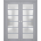 Interior Solid French Double Doors | Veregio 7602 Matte Grey with Frosted Glass | Wood Solid Panel Frame Trims | Closet Bedroom Sturdy Doors