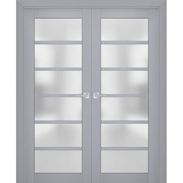 Interior Solid French Double Doors | Veregio 7602 Matte Grey with Frosted Glass | Wood Solid Panel Frame Trims | Closet Bedroom Sturdy Doors
