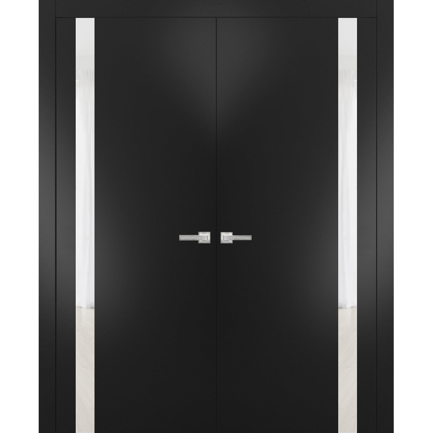 Solid French Double Doors | Planum 0040 Matte Black with White Glass | Wood Solid Panel Frame Trims | Closet Bedroom Sturdy Doors