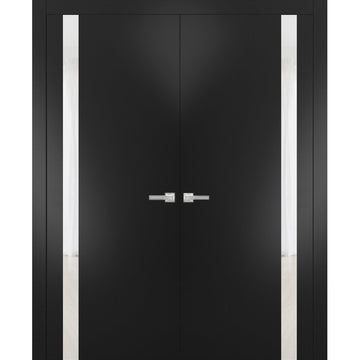 Solid French Double Doors | Planum 0040 Matte Black with White Glass | Wood Solid Panel Frame Trims | Closet Bedroom Sturdy Doors