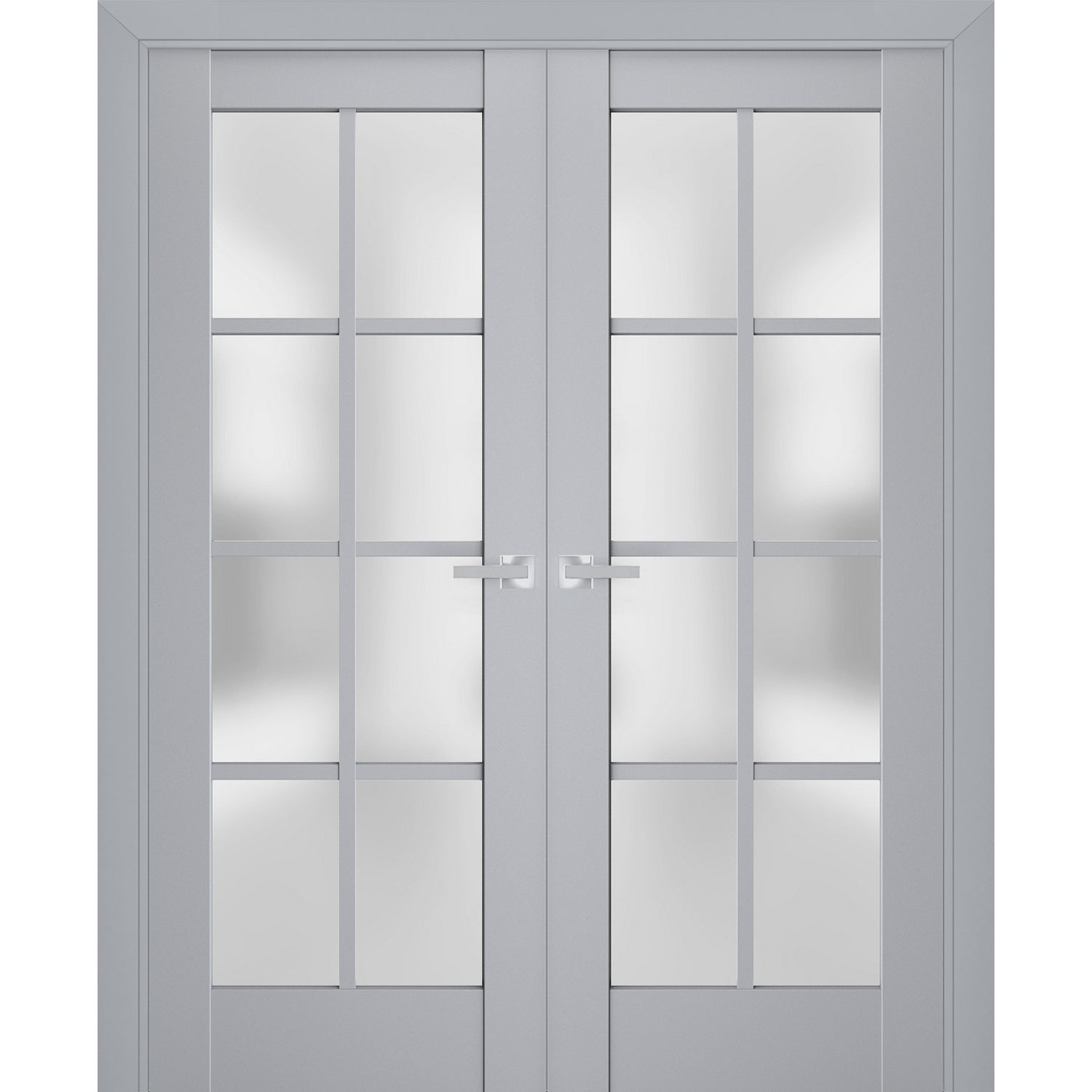 Interior Solid French Double Doors | Veregio 7412 Matte Grey with Frosted Glass | Wood Solid Panel Frame Trims | Closet Bedroom Sturdy Doors