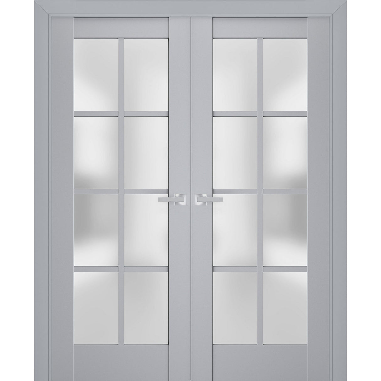 Interior Solid French Double Doors | Veregio 7412 Matte Grey with Frosted Glass | Wood Solid Panel Frame Trims | Closet Bedroom Sturdy Doors