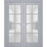 Interior Solid French Double Doors | Veregio 7412 Matte Grey with Frosted Glass | Wood Solid Panel Frame Trims | Closet Bedroom Sturdy Doors