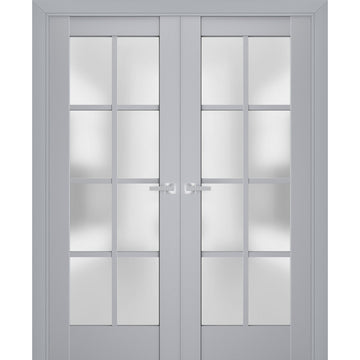 Interior Solid French Double Doors | Veregio 7412 Matte Grey with Frosted Glass | Wood Solid Panel Frame Trims | Closet Bedroom Sturdy Doors