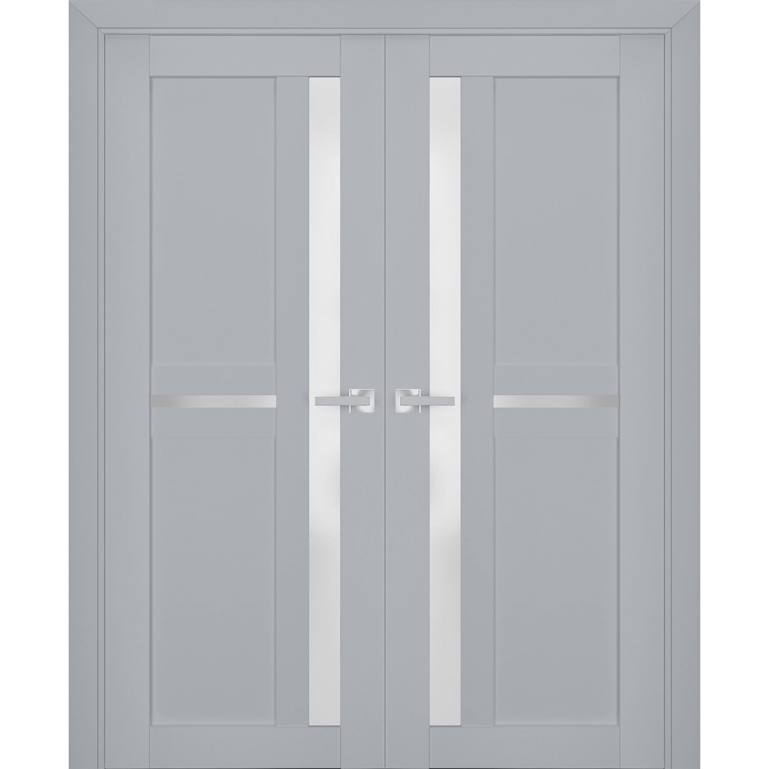 Interior Solid French Double Doors | Veregio 7288 Matte Grey with Frosted Glass | Wood Solid Panel Frame Trims | Closet Bedroom Sturdy Doors