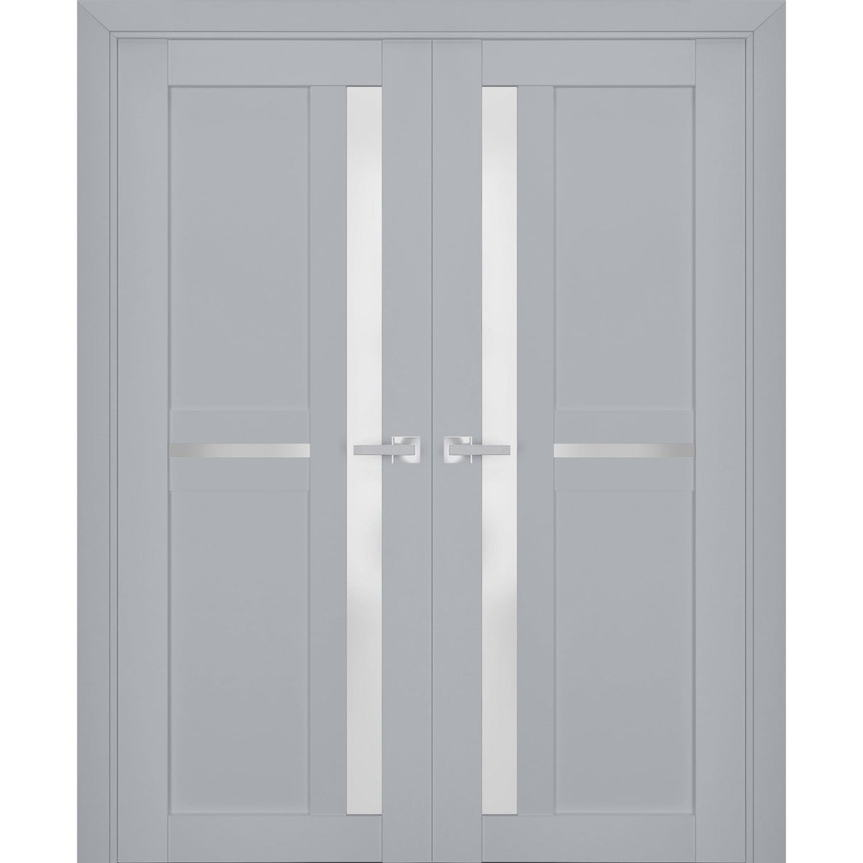 Interior Solid French Double Doors | Veregio 7288 Matte Grey with Frosted Glass | Wood Solid Panel Frame Trims | Closet Bedroom Sturdy Doors