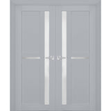 Interior Solid French Double Doors | Veregio 7288 Matte Grey with Frosted Glass | Wood Solid Panel Frame Trims | Closet Bedroom Sturdy Doors