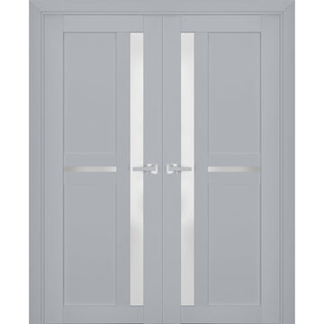 Interior Solid French Double Doors | Veregio 7288 Matte Grey with Frosted Glass | Wood Solid Panel Frame Trims | Closet Bedroom Sturdy Doors