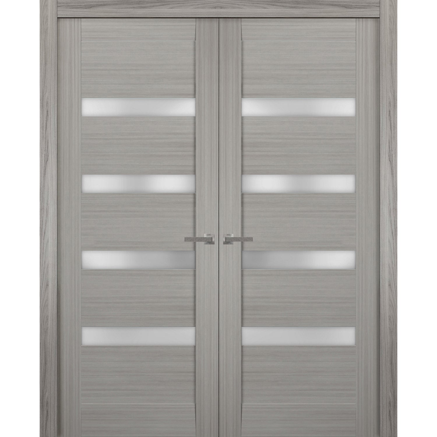 Solid French Double Doors | Quadro 4113 Grey Ash with Frosted Glass | Wood Solid Panel Frame Trims | Closet Bedroom Sturdy Doors