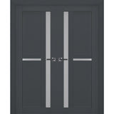 Interior Solid French Double Doors | Veregio 7288 Antracite with Frosted Glass | Wood Solid Panel Frame Trims | Closet Bedroom Sturdy Doors