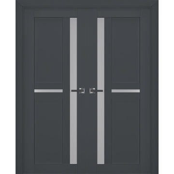 Interior Solid French Double Doors | Veregio 7288 Antracite with Frosted Glass | Wood Solid Panel Frame Trims | Closet Bedroom Sturdy Doors