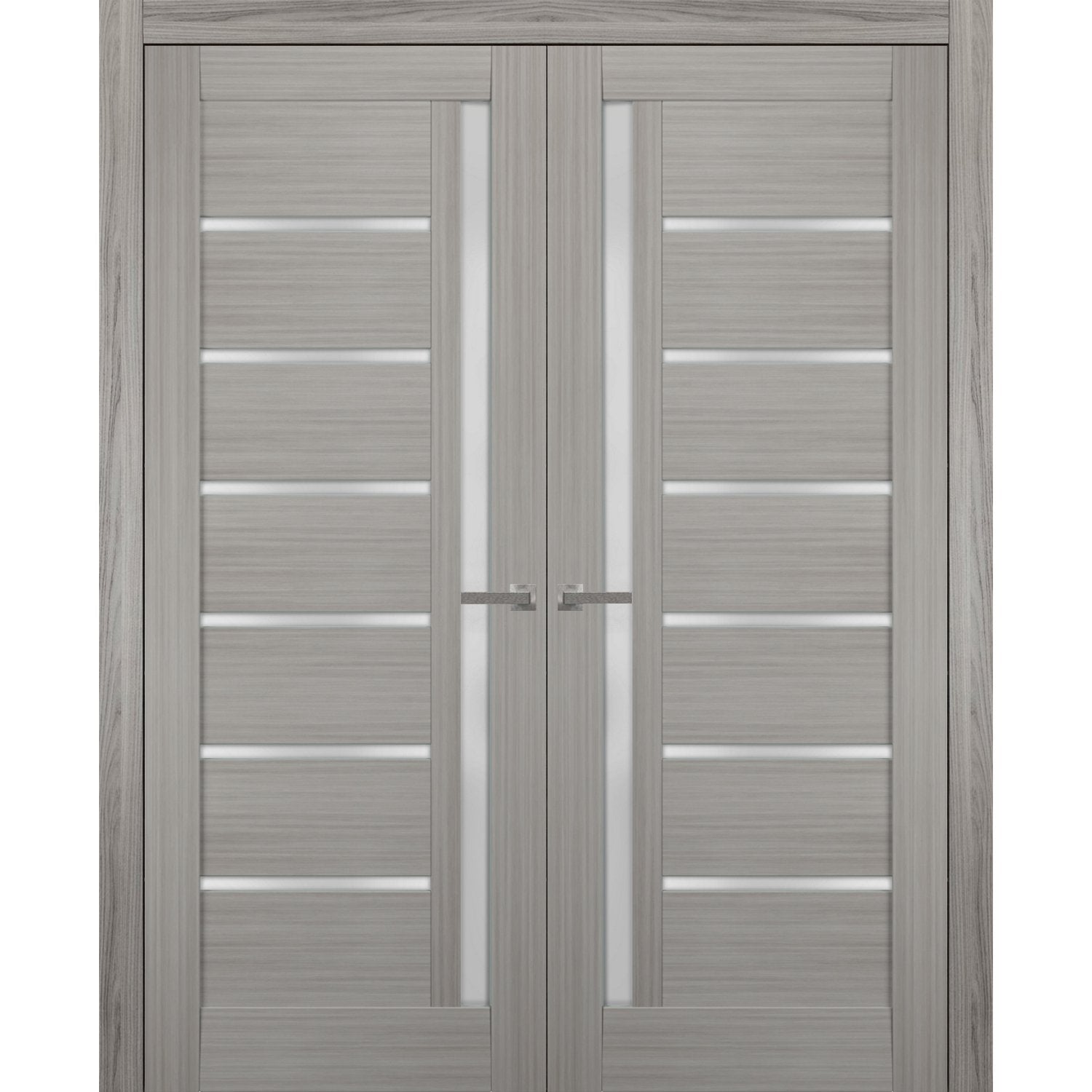 Solid French Double Doors | Quadro 4088 Grey Ash with Frosted Glass | Wood Solid Panel Frame Trims | Closet Bedroom Sturdy Doors