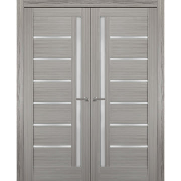 Solid French Double Doors | Quadro 4088 Grey Ash with Frosted Glass | Wood Solid Panel Frame Trims | Closet Bedroom Sturdy Doors