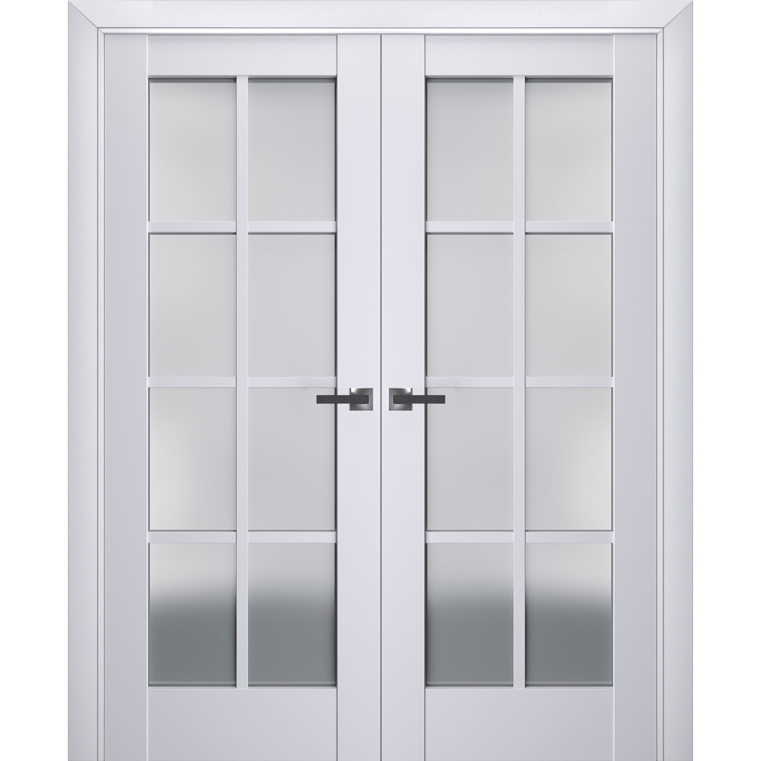 Interior Solid French Double Doors | Veregio 7412 White Silk with Frosted Glass | Wood Solid Panel Frame Trims | Closet Bedroom Sturdy Doors