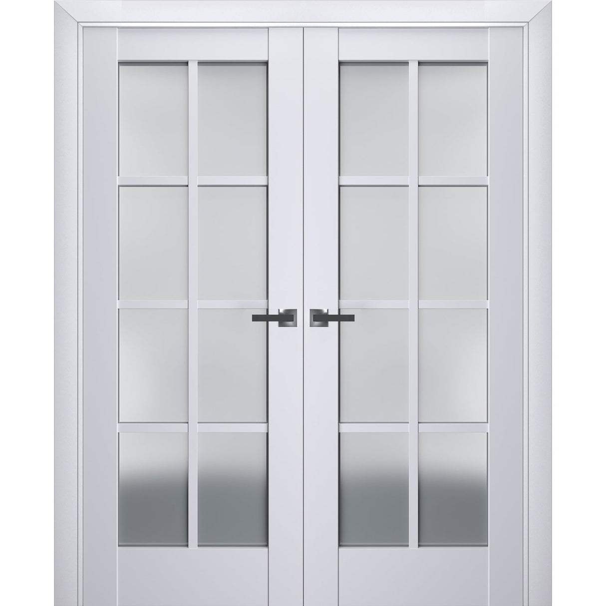 Interior Solid French Double Doors | Veregio 7412 White Silk with Frosted Glass | Wood Solid Panel Frame Trims | Closet Bedroom Sturdy Doors