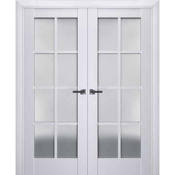 Interior Solid French Double Doors | Veregio 7412 White Silk with Frosted Glass | Wood Solid Panel Frame Trims | Closet Bedroom Sturdy Doors