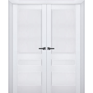 Interior Solid French Double Doors | Veregio 7411 White Silk | Wood Solid Panel Frame Trims | Closet Bedroom Sturdy Doors
