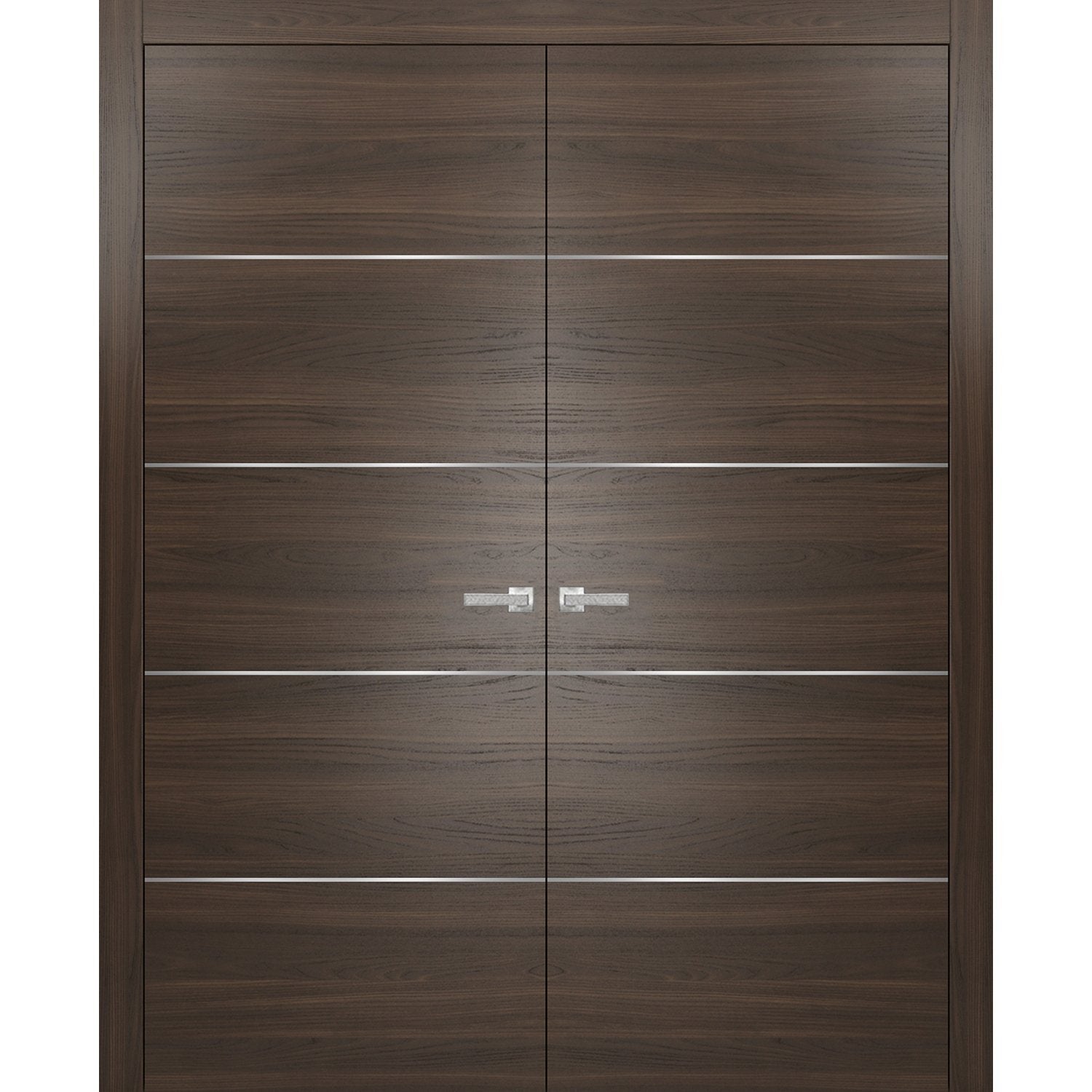 French Double Interior Doors with Hardware | Planum 0020 Chocolate Ash | Panel Frame Trims | Bathroom Bedroom Interior Sturdy Door