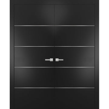 Solid French Double Doors | Planum 0020 Matte Black | Wood Solid Panel Frame Trims | Closet Bedroom Sturdy Doors