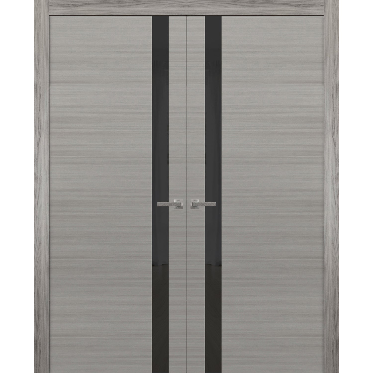 Solid French Double Doors | Planum 0040 Grey Ash with Black Glass | Wood Solid Panel Frame Trims | Closet Bedroom Sturdy Doors