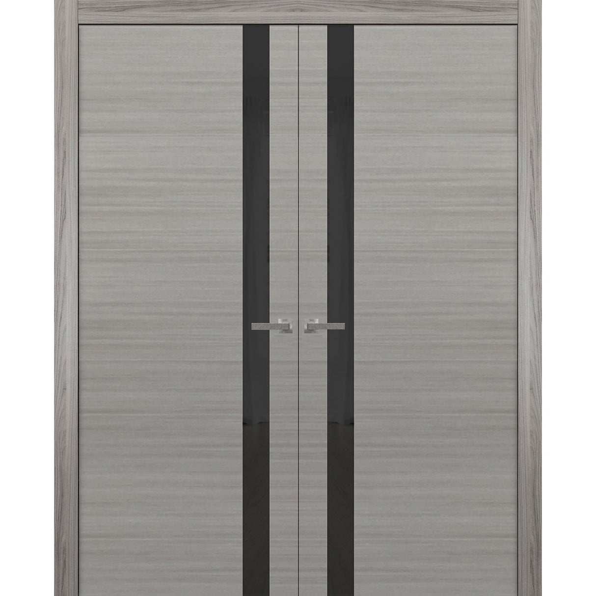 Solid French Double Doors | Planum 0040 Grey Ash with Black Glass | Wood Solid Panel Frame Trims | Closet Bedroom Sturdy Doors