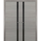 Solid French Double Doors | Planum 0040 Grey Ash with Black Glass | Wood Solid Panel Frame Trims | Closet Bedroom Sturdy Doors