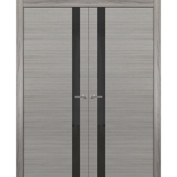 Solid French Double Doors | Planum 0040 Grey Ash with Black Glass | Wood Solid Panel Frame Trims | Closet Bedroom Sturdy Doors