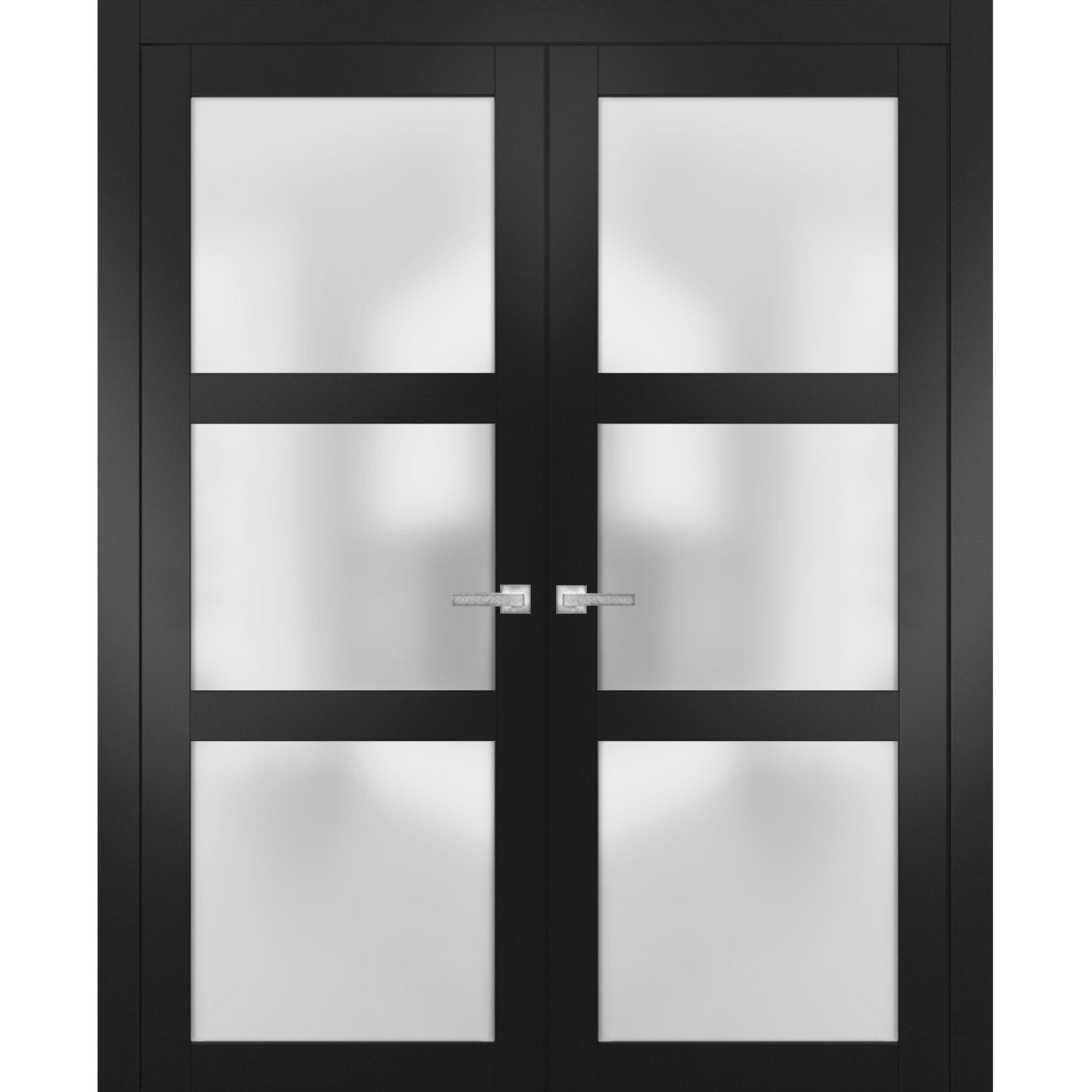 Solid French Double Doors | Lucia 2552 Matte Black with Frosted Glass | Wood Solid Panel Frame Trims | Closet Bedroom Sturdy Doors