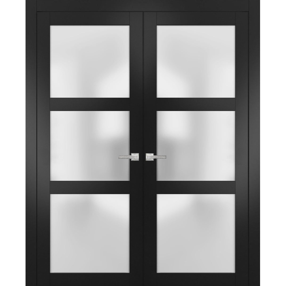 Solid French Double Doors | Lucia 2552 Matte Black with Frosted Glass | Wood Solid Panel Frame Trims | Closet Bedroom Sturdy Doors