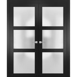 Solid French Double Doors | Lucia 2552 Matte Black with Frosted Glass | Wood Solid Panel Frame Trims | Closet Bedroom Sturdy Doors