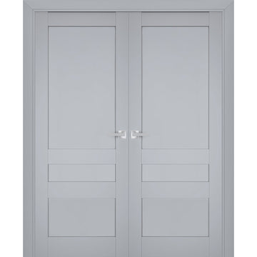 Interior Solid French Double Doors | Veregio 7411 Matte Grey | Wood Solid Panel Frame Trims | Closet Bedroom Sturdy Doors