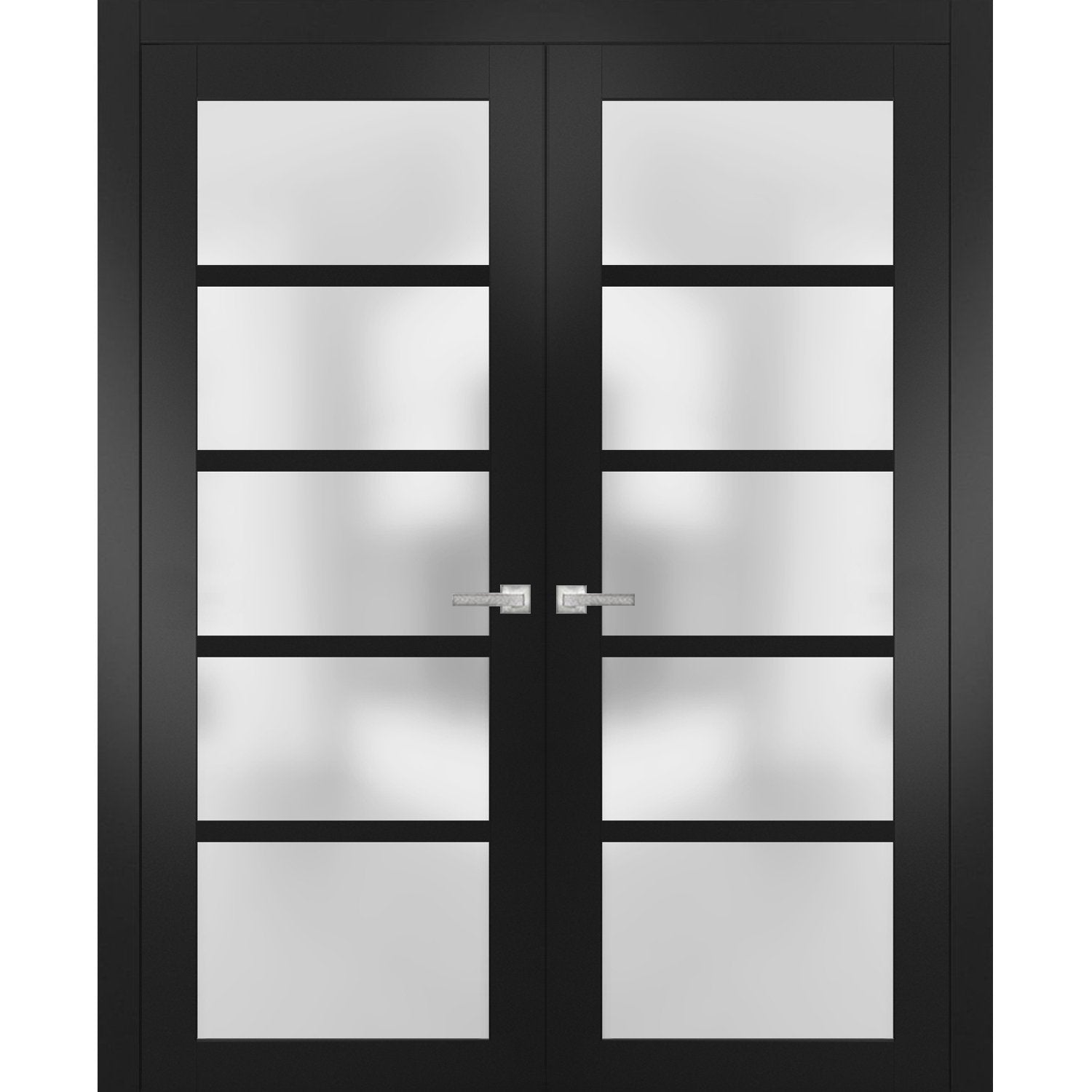 Solid French Double Doors | Quadro 4002 Matte Black with Frosted Glass | Wood Solid Panel Frame Trims | Closet Bedroom Sturdy Doors