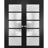 Solid French Double Doors | Quadro 4002 Matte Black with Frosted Glass | Wood Solid Panel Frame Trims | Closet Bedroom Sturdy Doors