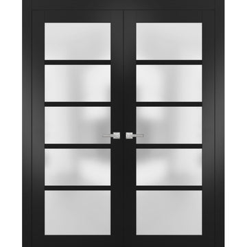 Solid French Double Doors | Quadro 4002 Matte Black with Frosted Glass | Wood Solid Panel Frame Trims | Closet Bedroom Sturdy Doors