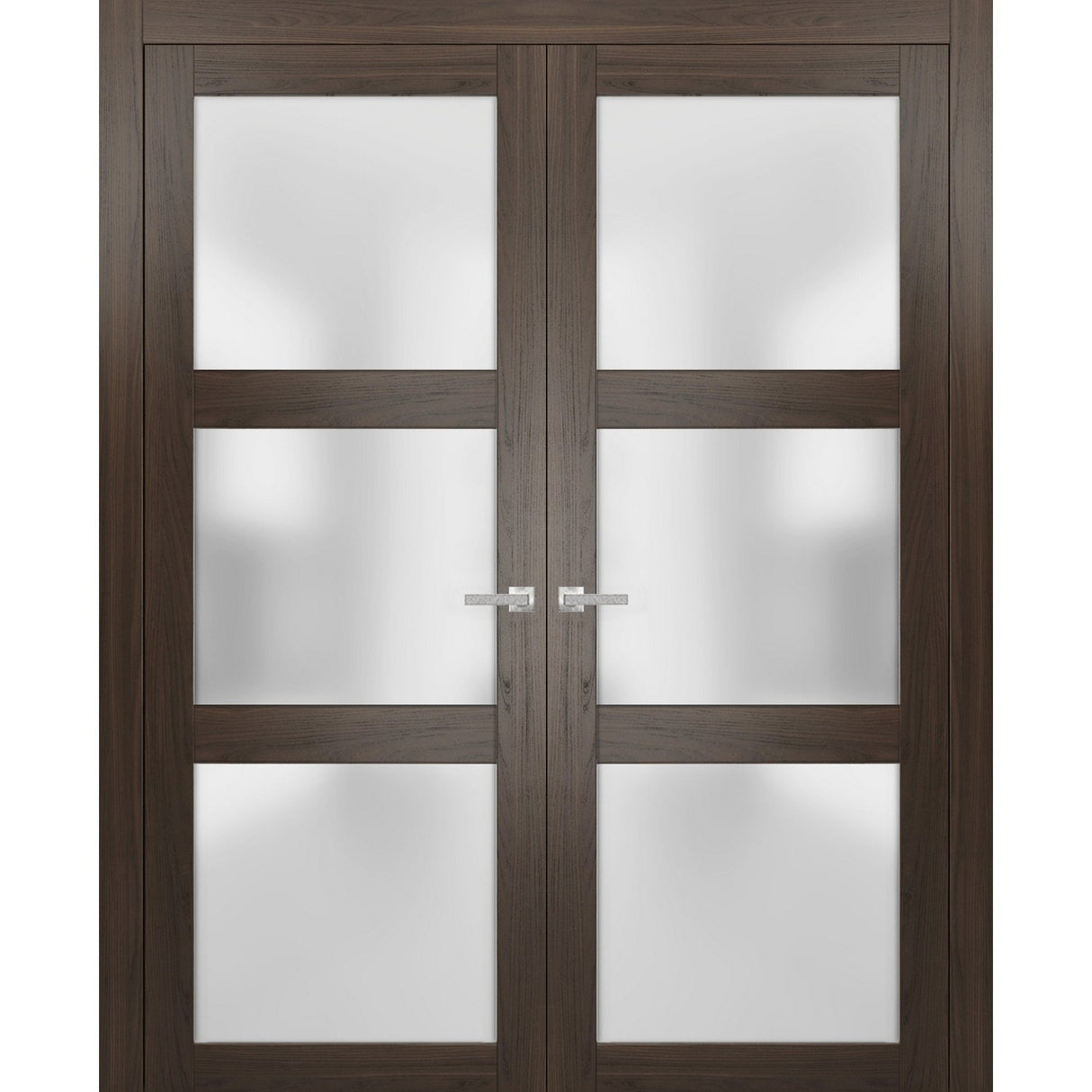 Solid French Double Doors | Lucia 2552 Chocolate Ash with Frosted Glass | Wood Solid Panel Frame Trims | Closet Bedroom Sturdy Doors