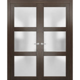 Solid French Double Doors | Lucia 2552 Chocolate Ash with Frosted Glass | Wood Solid Panel Frame Trims | Closet Bedroom Sturdy Doors