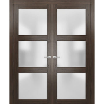 Solid French Double Doors | Lucia 2552 Chocolate Ash with Frosted Glass | Wood Solid Panel Frame Trims | Closet Bedroom Sturdy Doors
