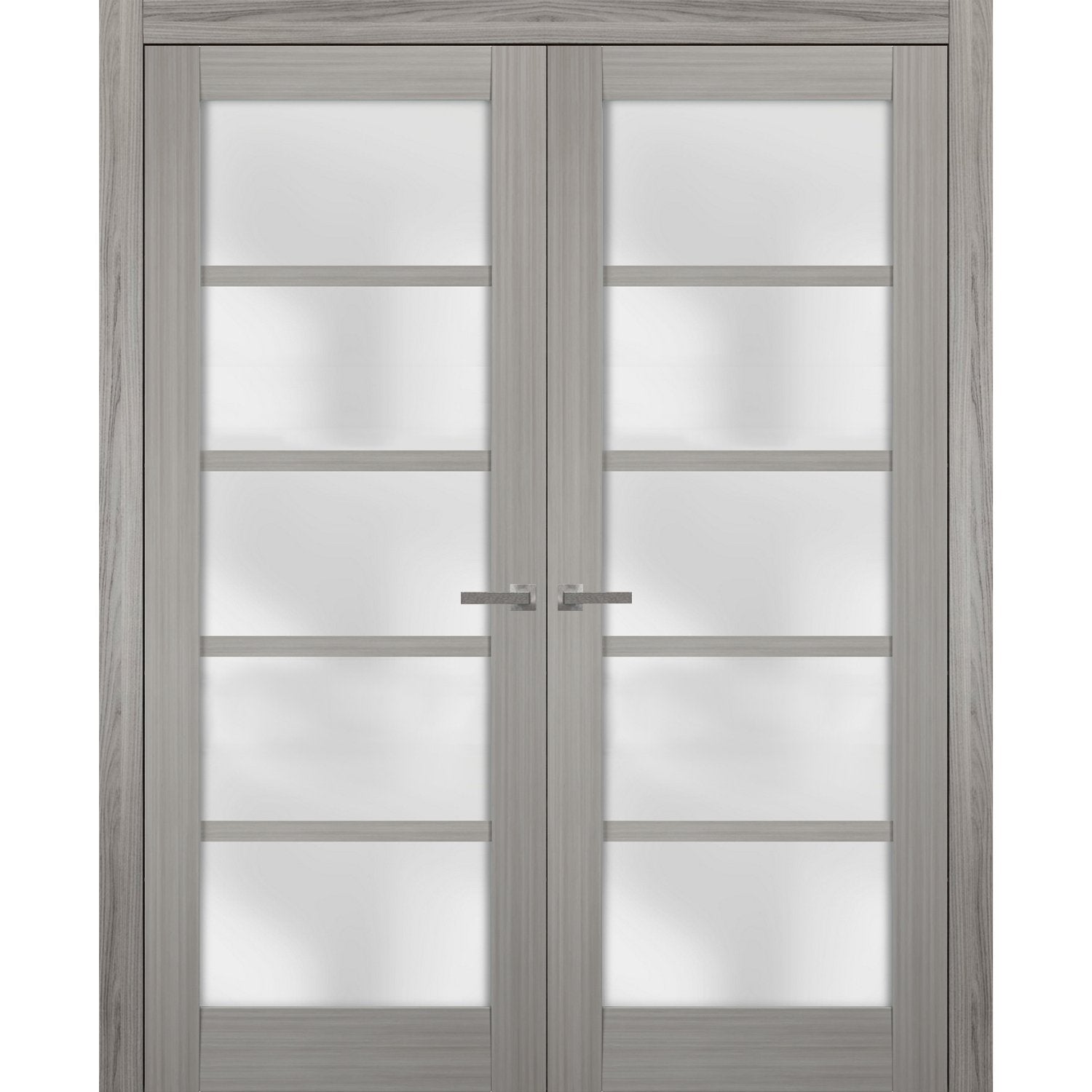 Solid French Double Doors | Quadro 4002 Grey Ash with Frosted Glass | Wood Solid Panel Frame Trims | Closet Bedroom Sturdy Doors