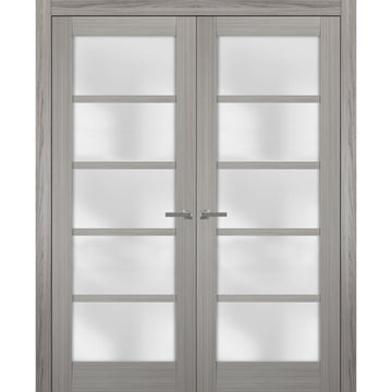 Solid French Double Doors | Quadro 4002 Grey Ash with Frosted Glass | Wood Solid Panel Frame Trims | Closet Bedroom Sturdy Doors