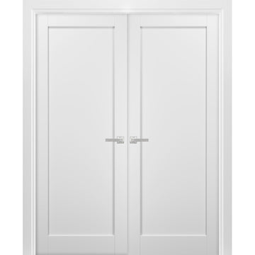 French Double Panel Doors with Hardware | Quadro 4111 White Silk | Panel Frame Trims | Bathroom Bedroom Interior Sturdy Door