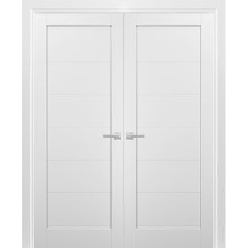 French Double Panel Doors with Hardware | Quadro 4115 White Silk | Panel Frame Trims | Bathroom Bedroom Interior Sturdy Door