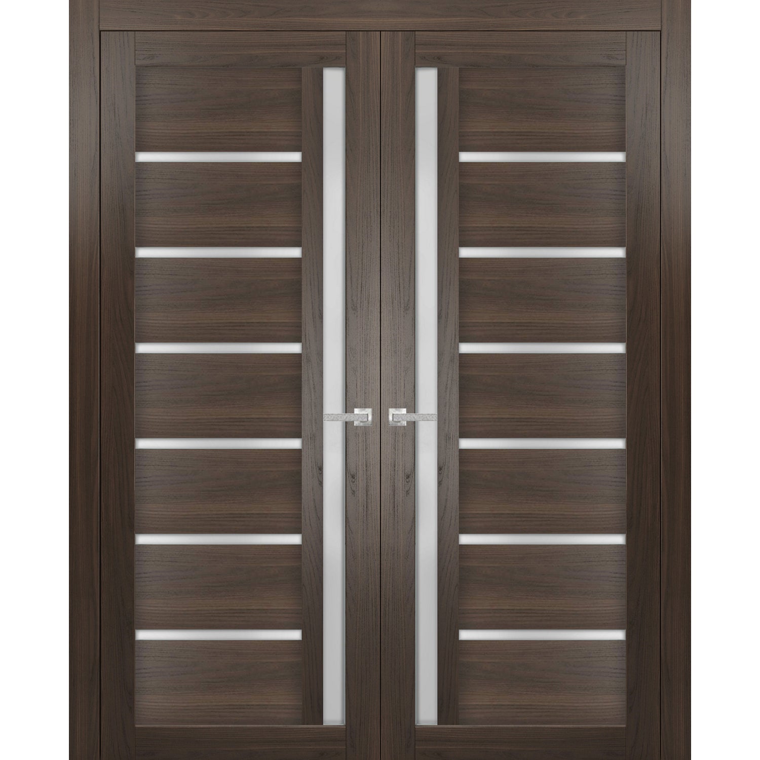 Solid French Double Doors | Quadro 4088 Chocolate Ash with Frosted Glass | Wood Solid Panel Frame Trims | Closet Bedroom Sturdy Doors