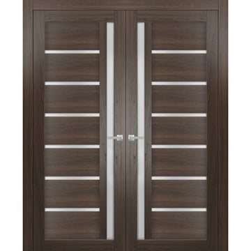 Solid French Double Doors | Quadro 4088 Chocolate Ash with Frosted Glass | Wood Solid Panel Frame Trims | Closet Bedroom Sturdy Doors