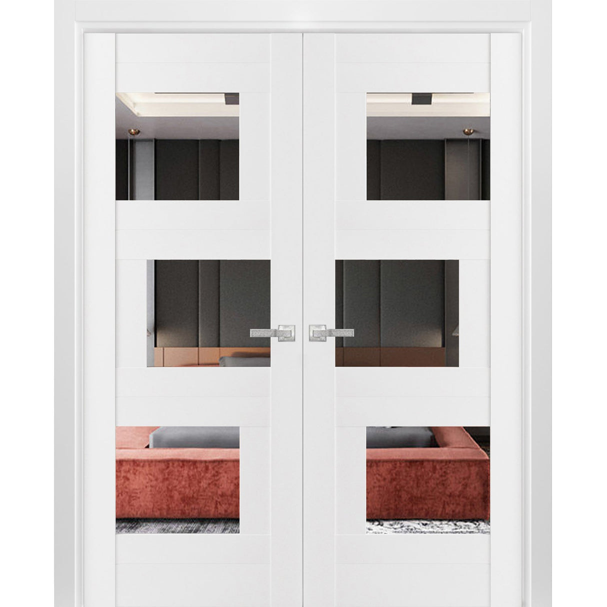 Solid French Double Doors / Sete 6999 White Silk with Mirror / Wood Solid Panel Frame / Closet Bedroom Modern Doors