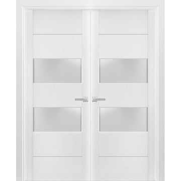 Solid French Double Doors 2 lites | Lucia 4010 White Silk with Frosted Glass | Wood Solid Panel Frame Trims | Closet Bedroom Sturdy Doors
