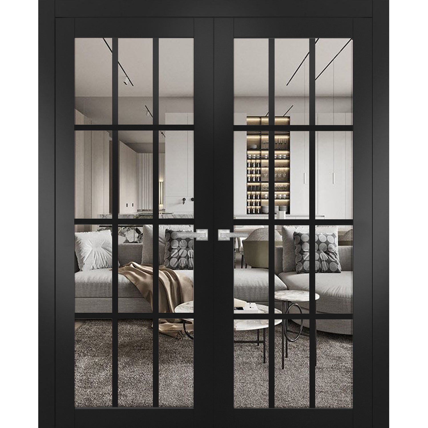 Solid French Double Doors | Felicia 3355 Matte Black with Clear Glass | Wood Solid Panel Frame Trims | Closet Bedroom Sturdy Doors